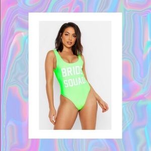 Boohoo Bride Squad Neon Green Swimsuit NWT